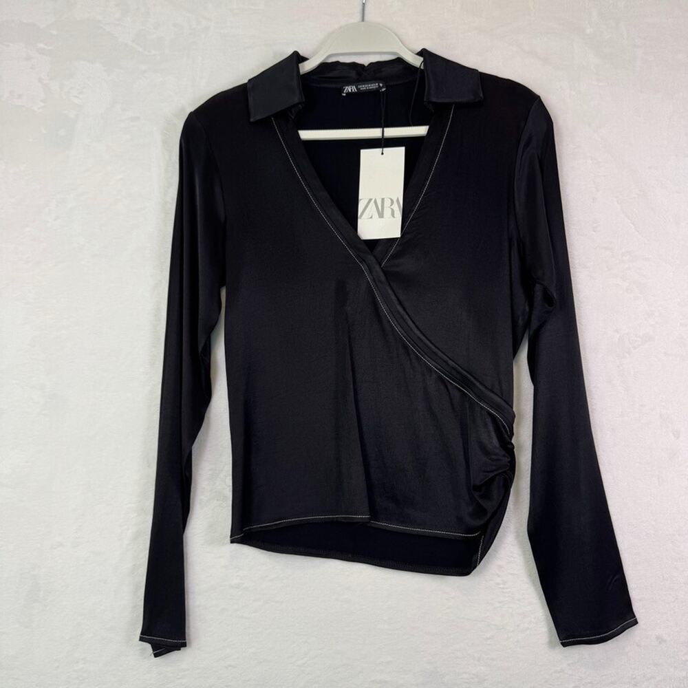 NWT ZARA Black Satin Collared Wrap Blouse Top Long Sleeve Sz M 0219/831/800 Fall